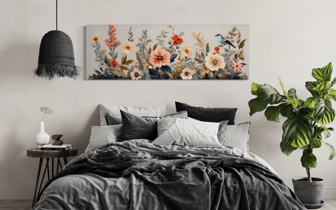 Floral Bouquet with Bird Panoramic Framed Tapestry Canvas Wall Art in bedroom