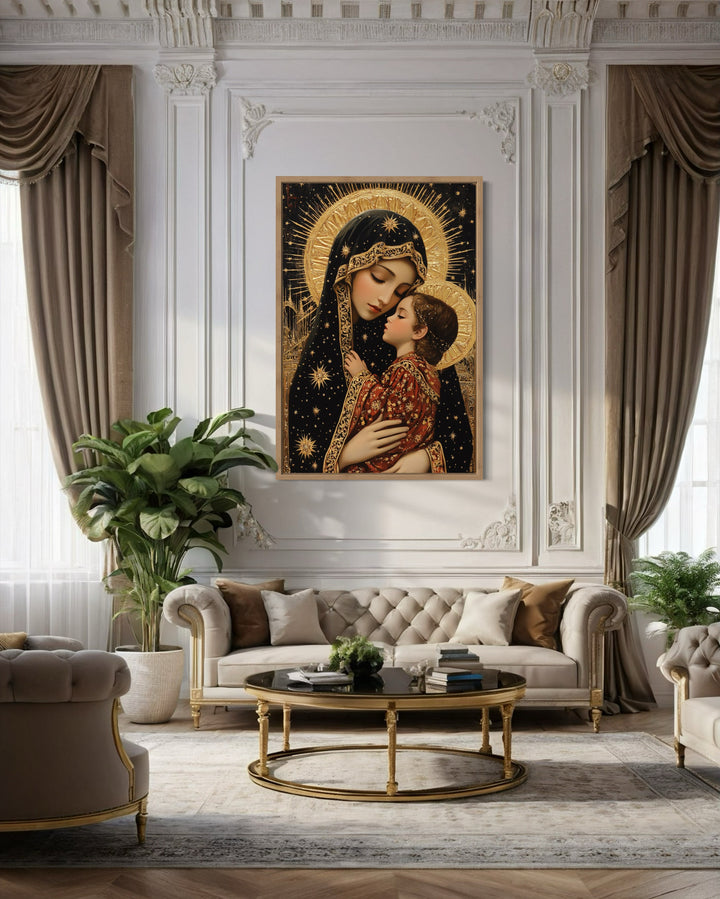 Virgin Mary And Baby Jesus Modern Icon Framed Christian Canvas Wall Art above couch