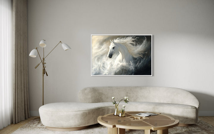 Beautiful White Stallion Framed Canvas Wall Art in living room