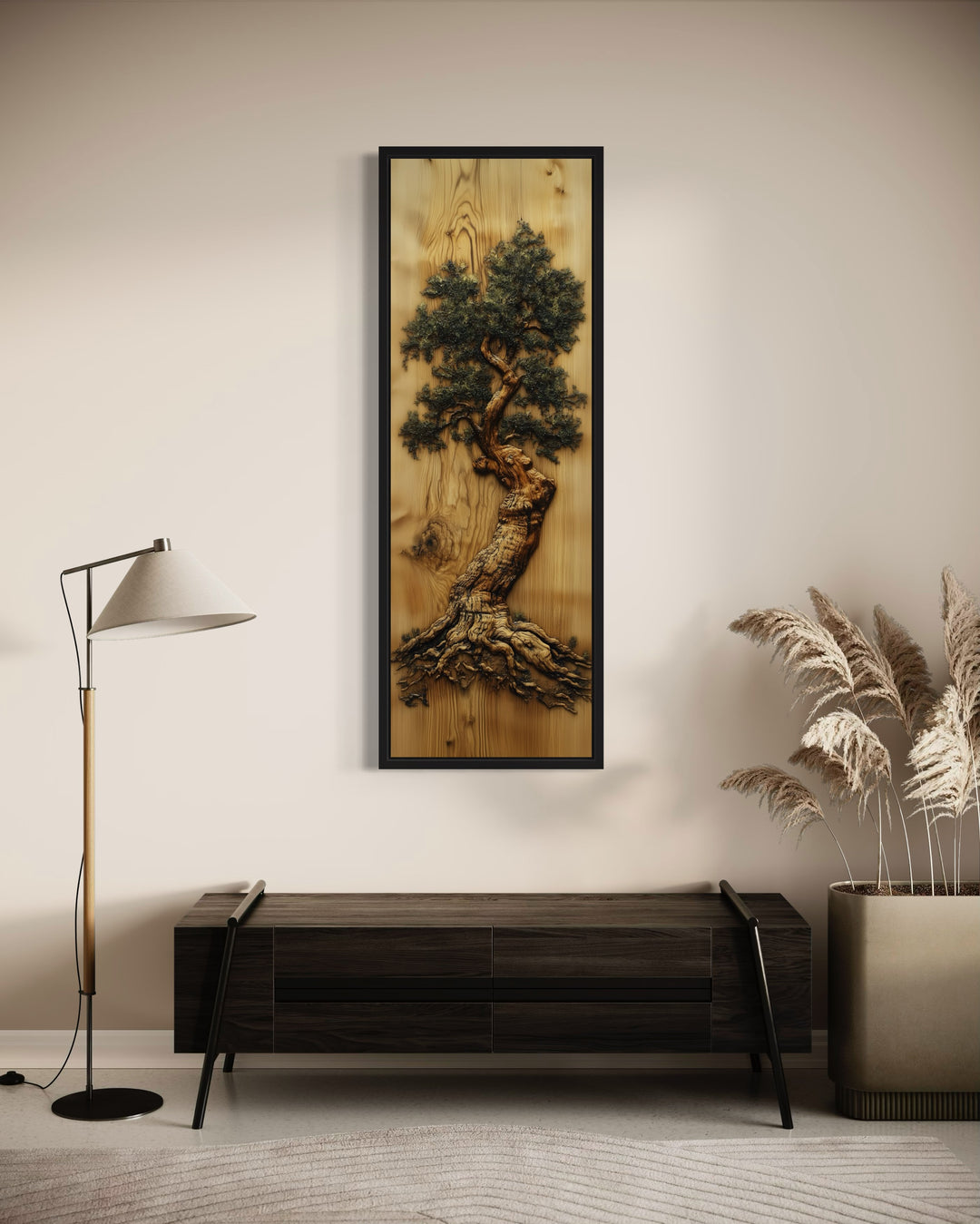 Oak Tree Painted On Wood Slice Vertical Framed Canvas Wall Art in hallway