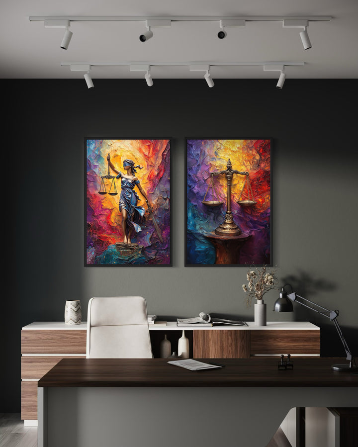 Lady Justice And Scales Of Justice Colorful Set Of 2 Law Firm Canvas Wall Art in the office