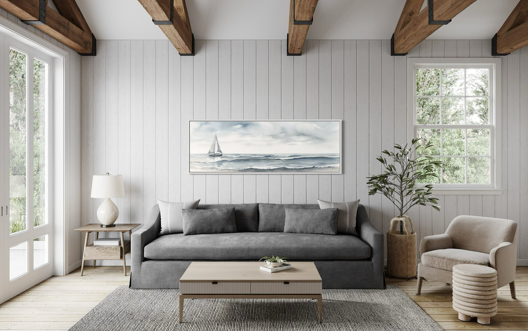 Grey Ocean And Sail Boat Coastal Horizontal Canvas Wall Art in living room