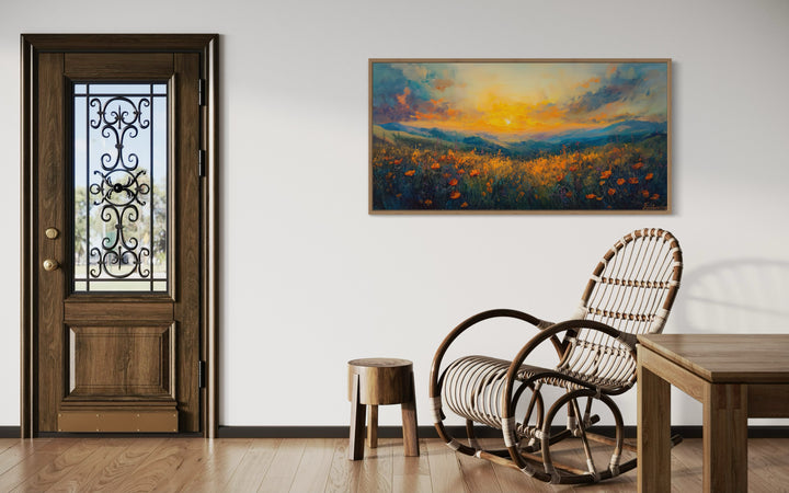 Beautiful Wildflower Field At Sunset Painting Framed Canvas Wall Art in farmhouse