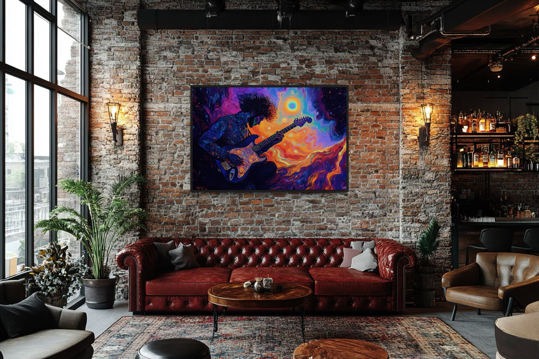 Man Playing Guitar Psychedelic Music Framed Canvas Wall Art in a bar