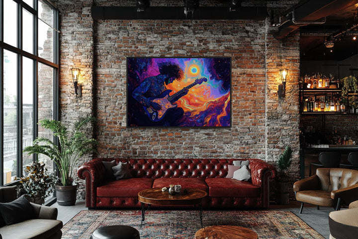 Man Playing Guitar Psychedelic Music Framed Canvas Wall Art in a bar