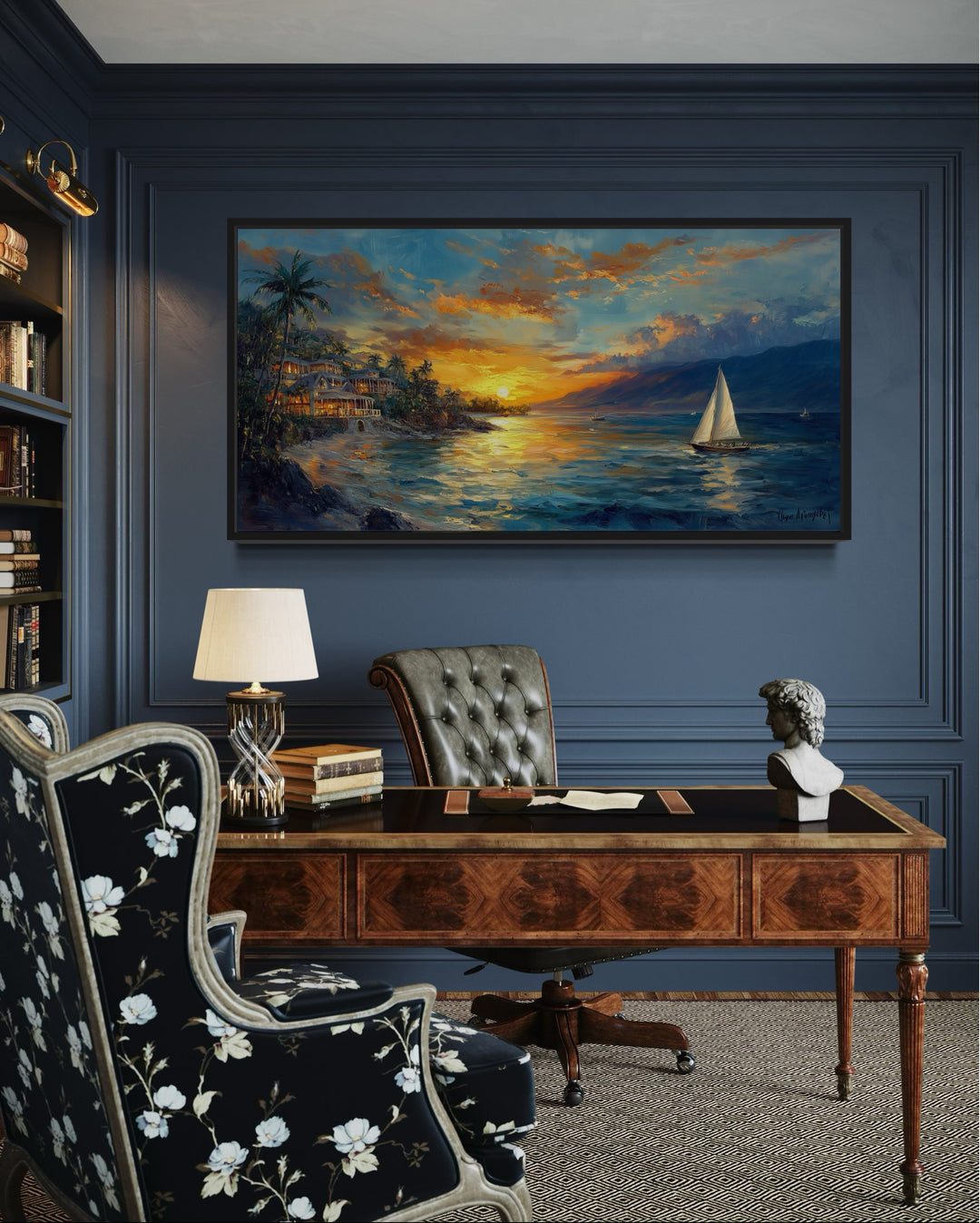 a painting of a sailboat in a blue room