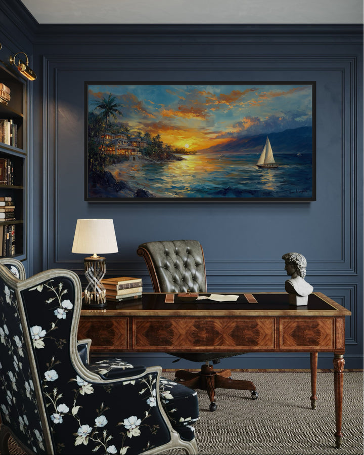Jamaican Sunset Beach With Sailboat Framed Canvas Wall Art