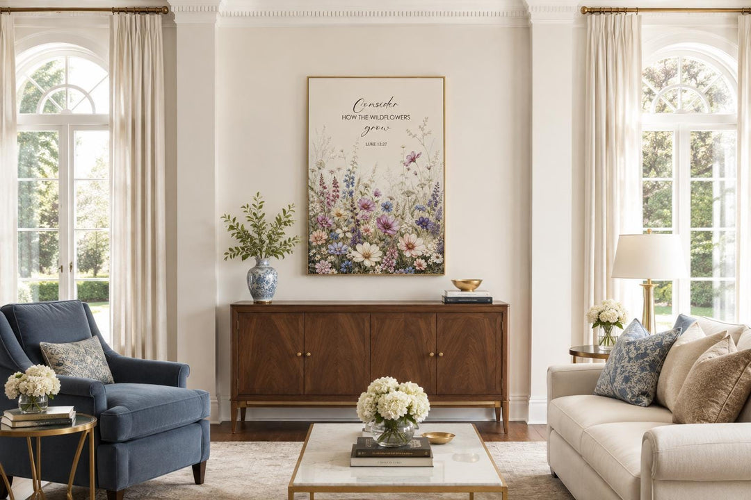 Wildflower watercolor art with Luke 12:27 scripture verse in a gold frame above a wooden sideboard.