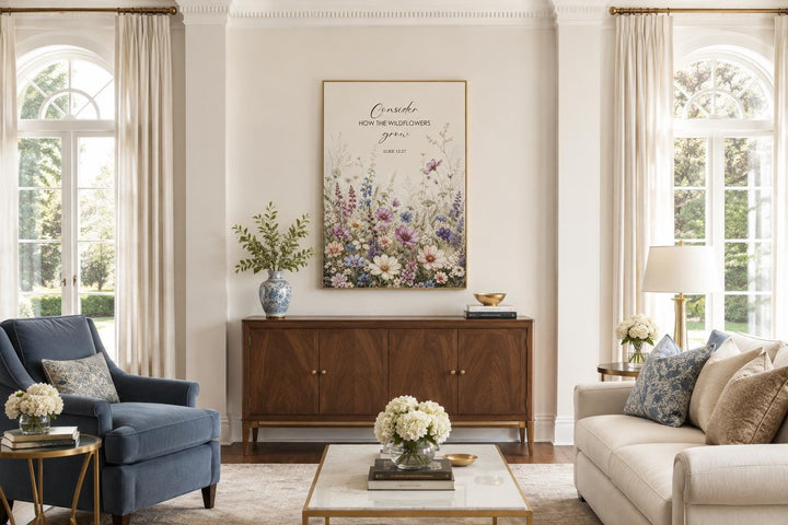 Wildflower watercolor art with Luke 12:27 scripture verse in a gold frame above a wooden sideboard.
