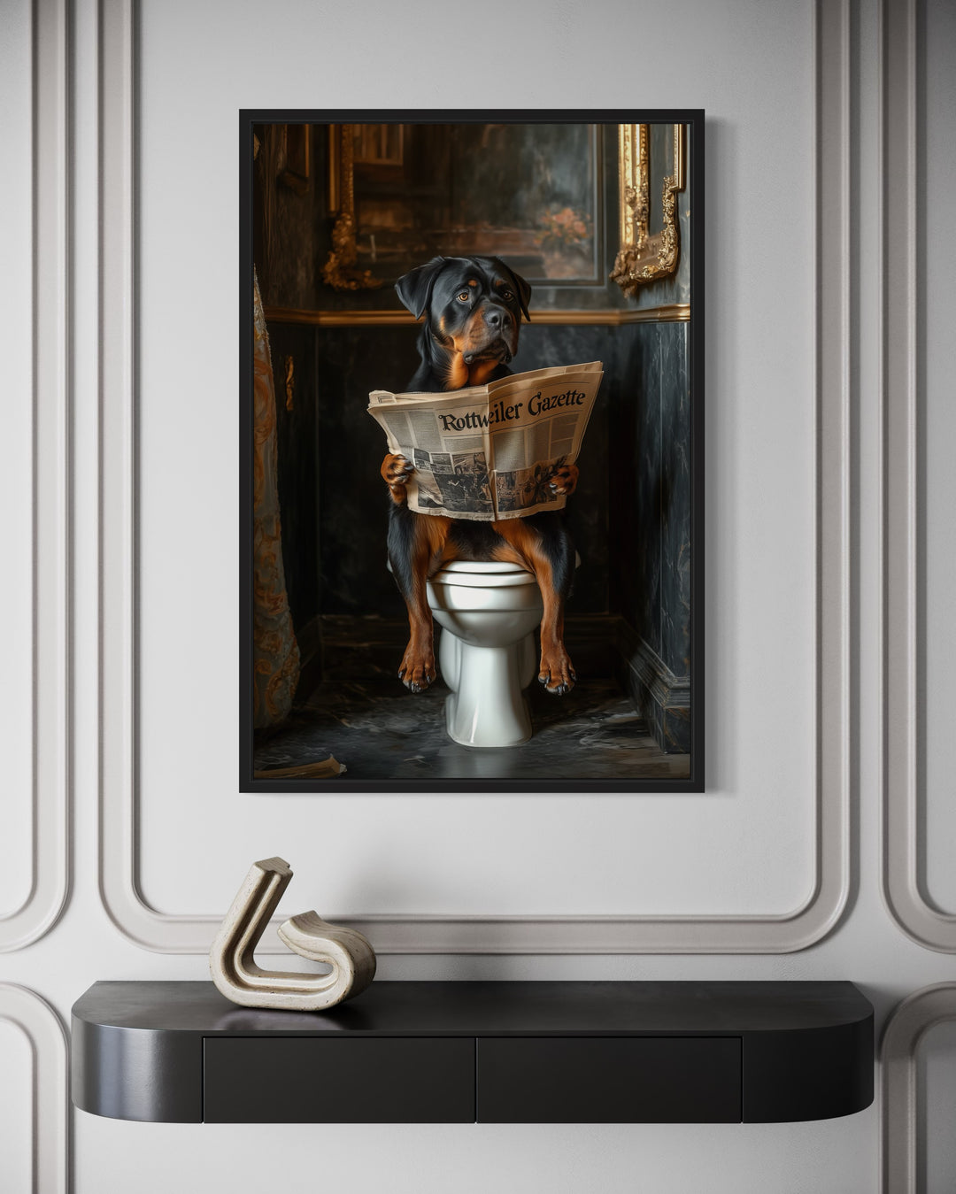 a painting of a dog sitting on a toilet reading a newspaper