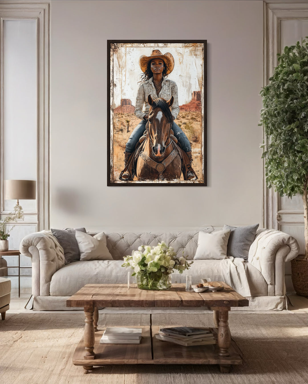 Black Girl Riding A Horse Framed Canvas Wall Art