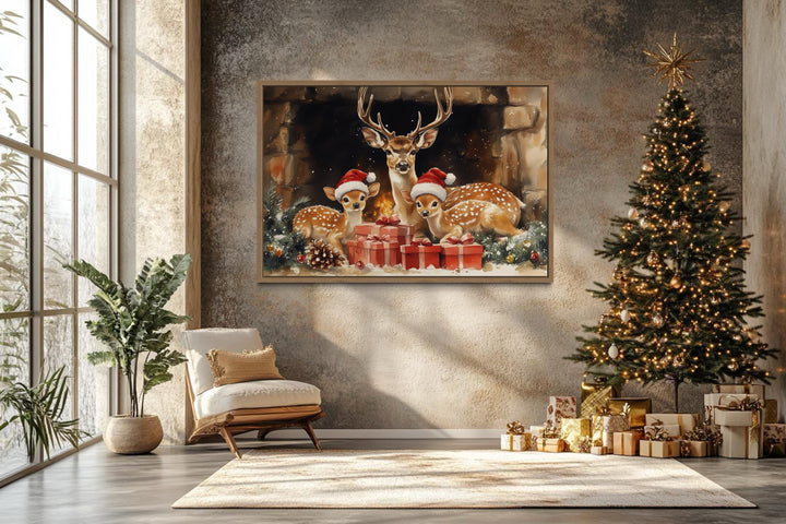 Christmas Deer With Santa Hats and Gifts Canvas Wall Art