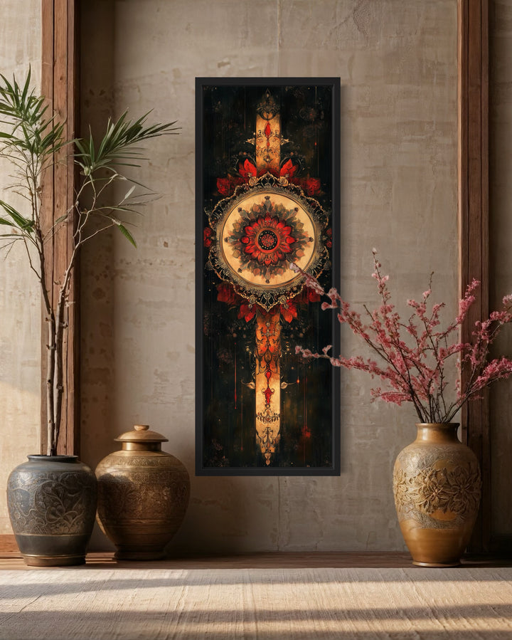 Vertical Narrow Black Beige Red Boho Tapestry Framed Canvas Wall Decor next to vases and plants