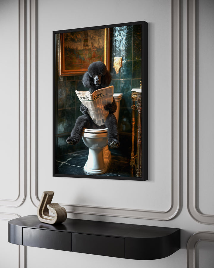 Black Medium Poodle On Toilet Reading Newspaper canvas wall art side view