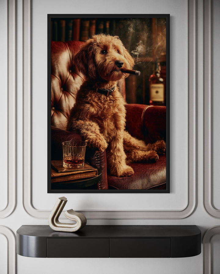 Red Brown  Goldendoodle Dog Drinking Whiskey and Smoking Cigar Canvas Wall Art