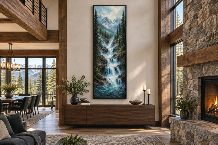 Tall narrow canvas wall art of a cascading mountain waterfall through a pine forest.