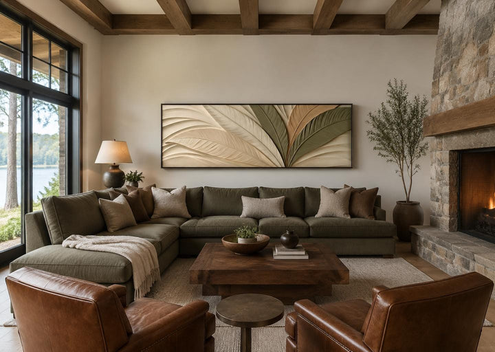 Sculptural Palm Leaf Canvas Print in Warm Cream, Olive, and Tan Tones Above Bed Decor