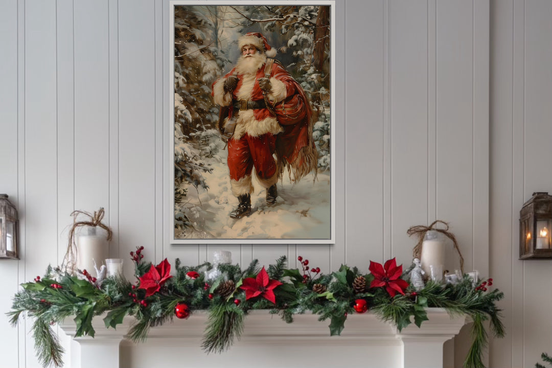 Santa In The Forest With Bag Of Gifts Framed Canvas Wall Art above mantel