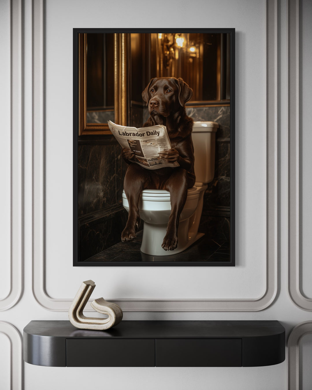 Chocolate Brown Labrador Retriever On Toilet Reading Newspaper Framed Canvas Wall Art