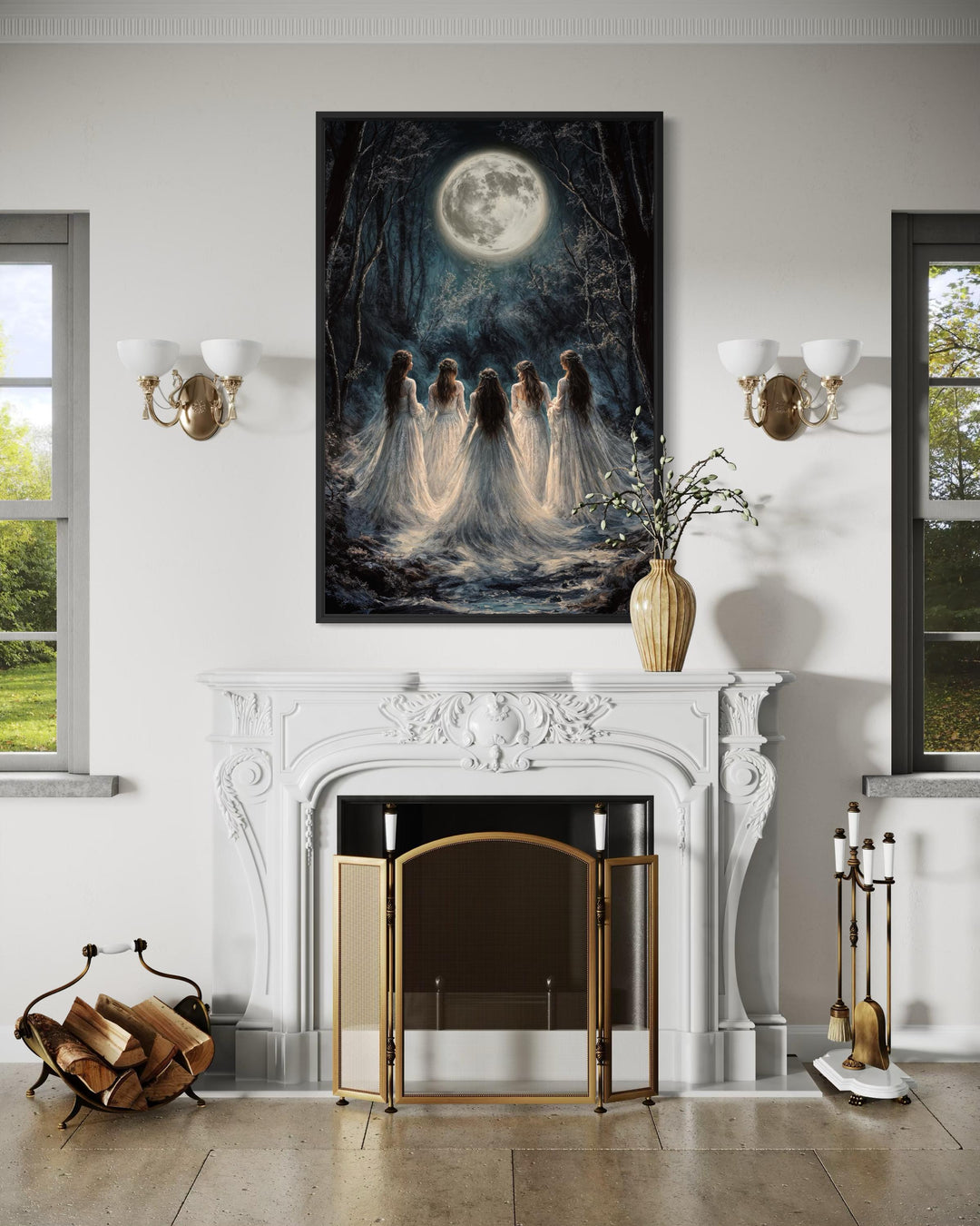 Vertical canvas print of five witches in white gowns under a full moon in a dark forest.
