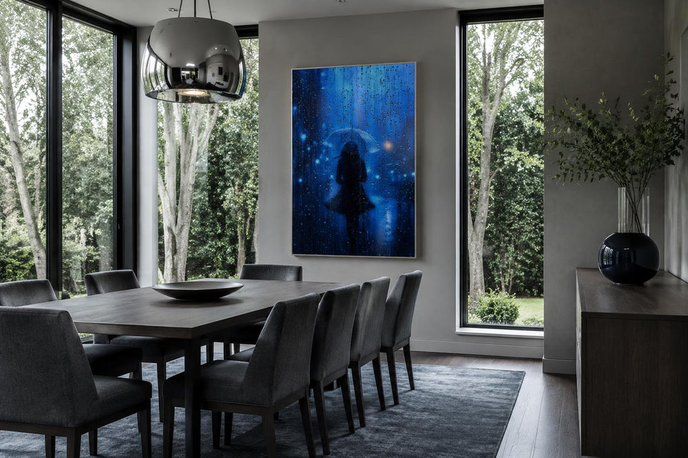 Woman silhouette walking in rain with umbrella canvas wall art in a modern dining room setting.