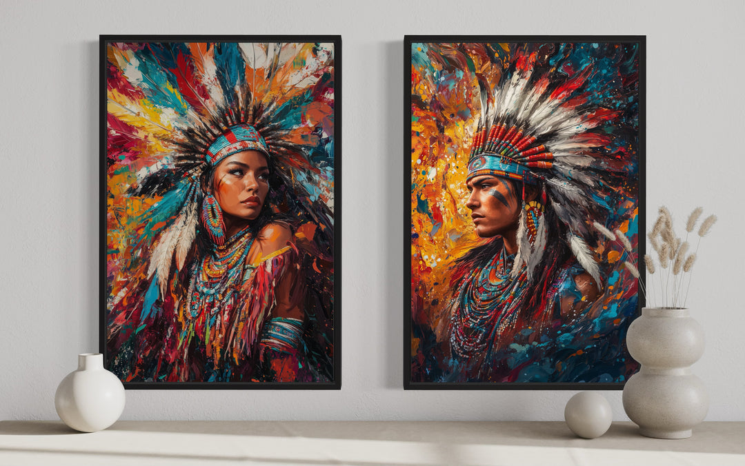 Indigenous Man and Woman Set Of 2 Native American Canvas Wall Art close up