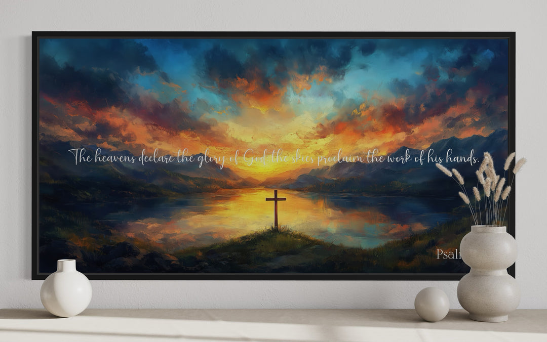 Psalm 19:1 Bible Verse Scripture On Mountains Lake Landscape Framed Canvas Wall Art close up