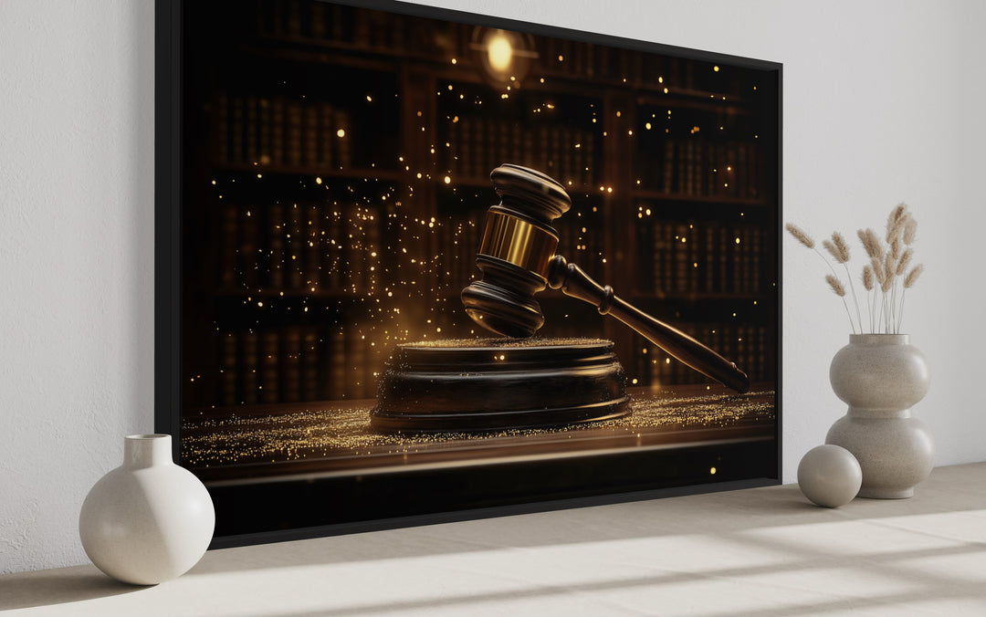 Golden Judge's Gavel Framed Canvas Wall Art