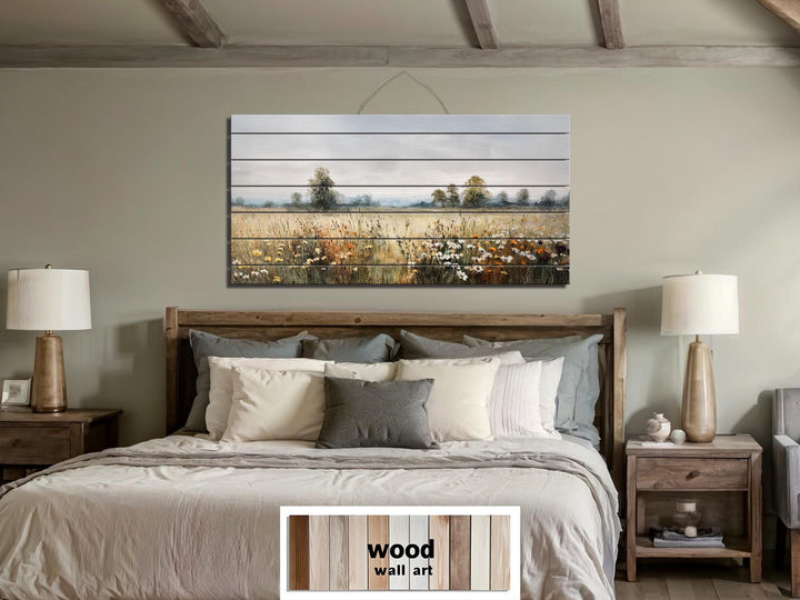Muted Rustic Wildflower Meadow Distressed Wood Wall Art