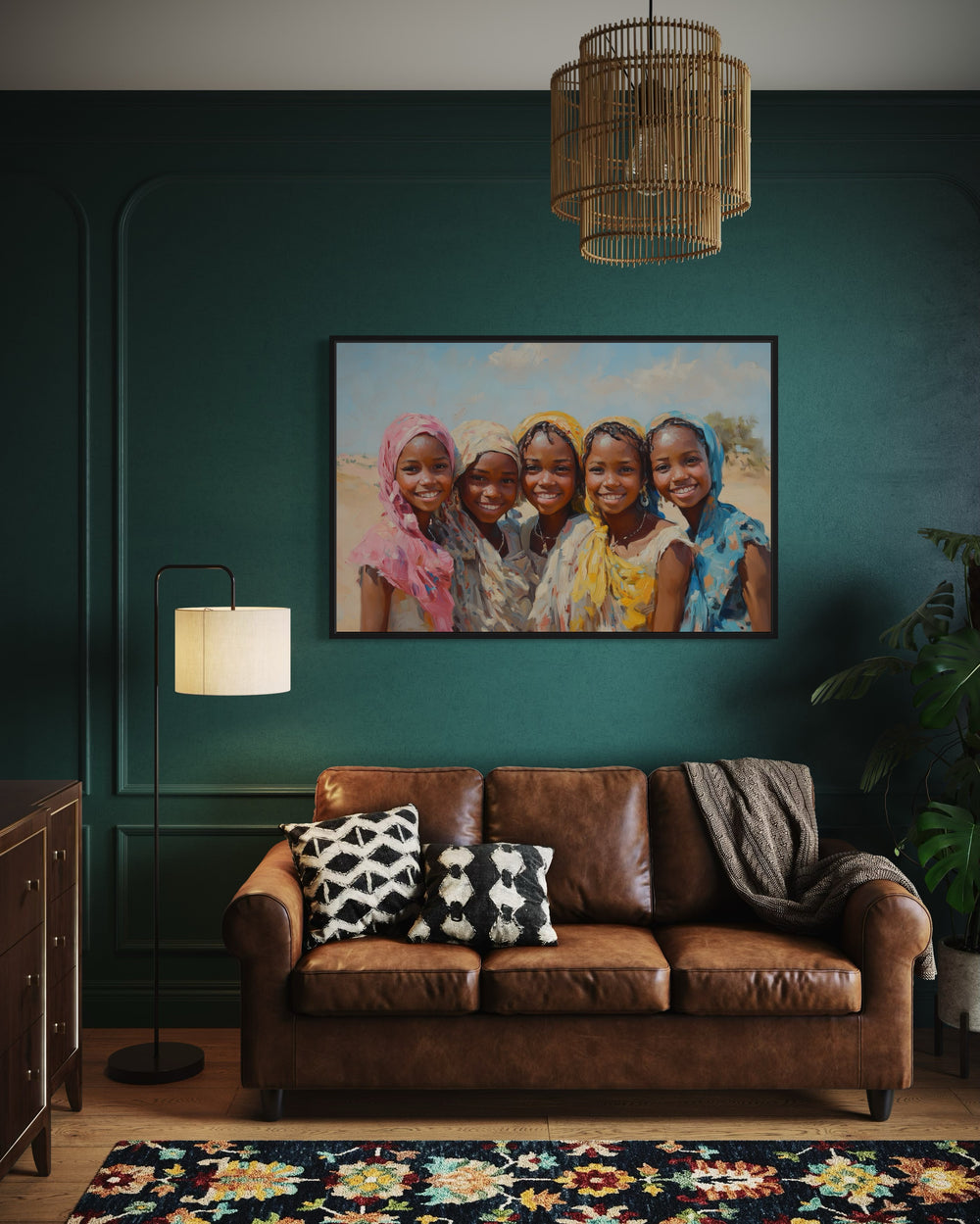 Smiling African Girls In Traditional Clothes Framed Canvas Wall Art in a living room with a couch