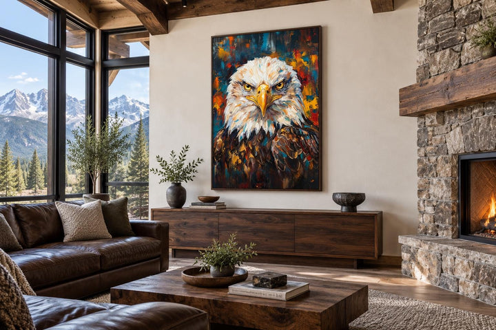 Colorful abstract bald eagle canvas wall art in a rustic living room with a fireplace.
