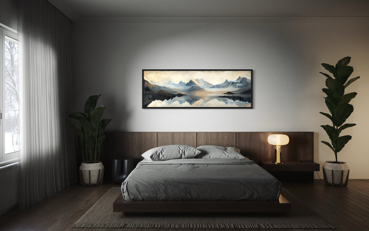 Misty Mountain Lake Panoramic Canvas Wall Art in a bedroom with a bed