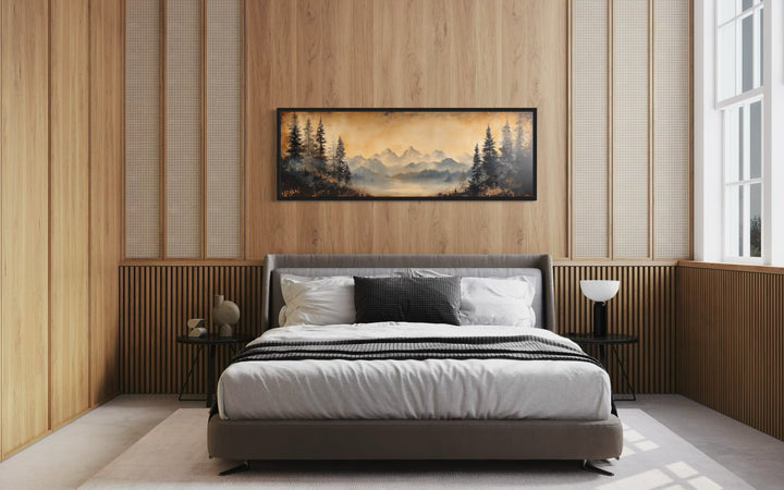 Moody Orange Mountain Lake Landscape Long Horizontal Above Bed Framed Canvas Wall Art in modern bedroom