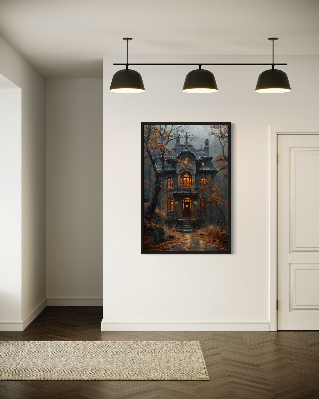 Moody Victorian House In Autumn under Rain Framed Canvas Wall Art in living room