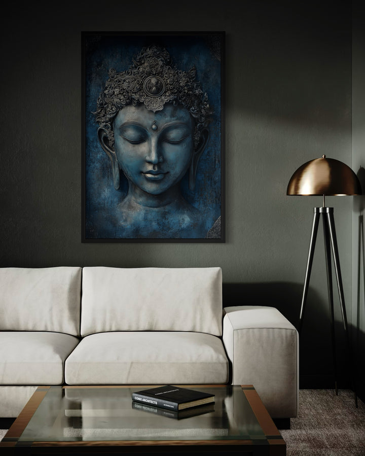 Serene Blue Buddha Painting Framed Canvas Wall Art in living room