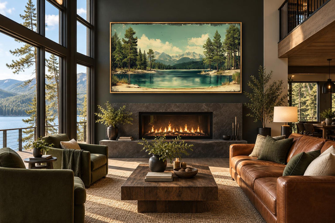 Lake, Mountains And Pine Forest Nature Vintage Style Canvas Wall Art