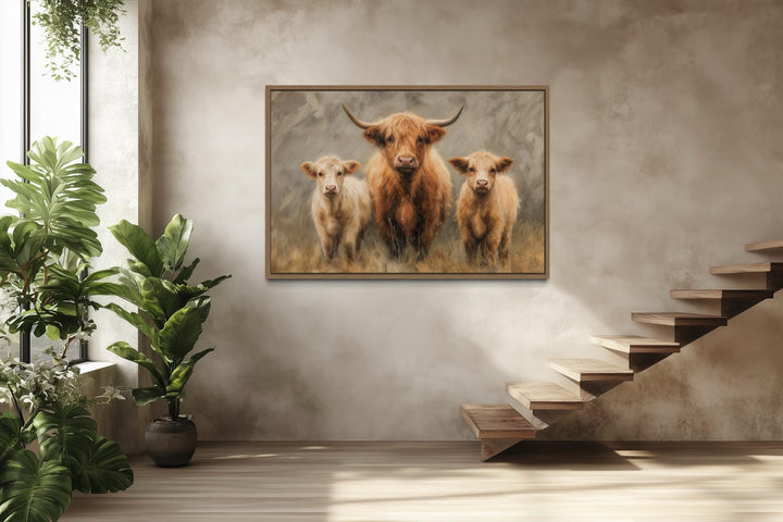 Highland Cow and Two Calves Canvas Wall Art