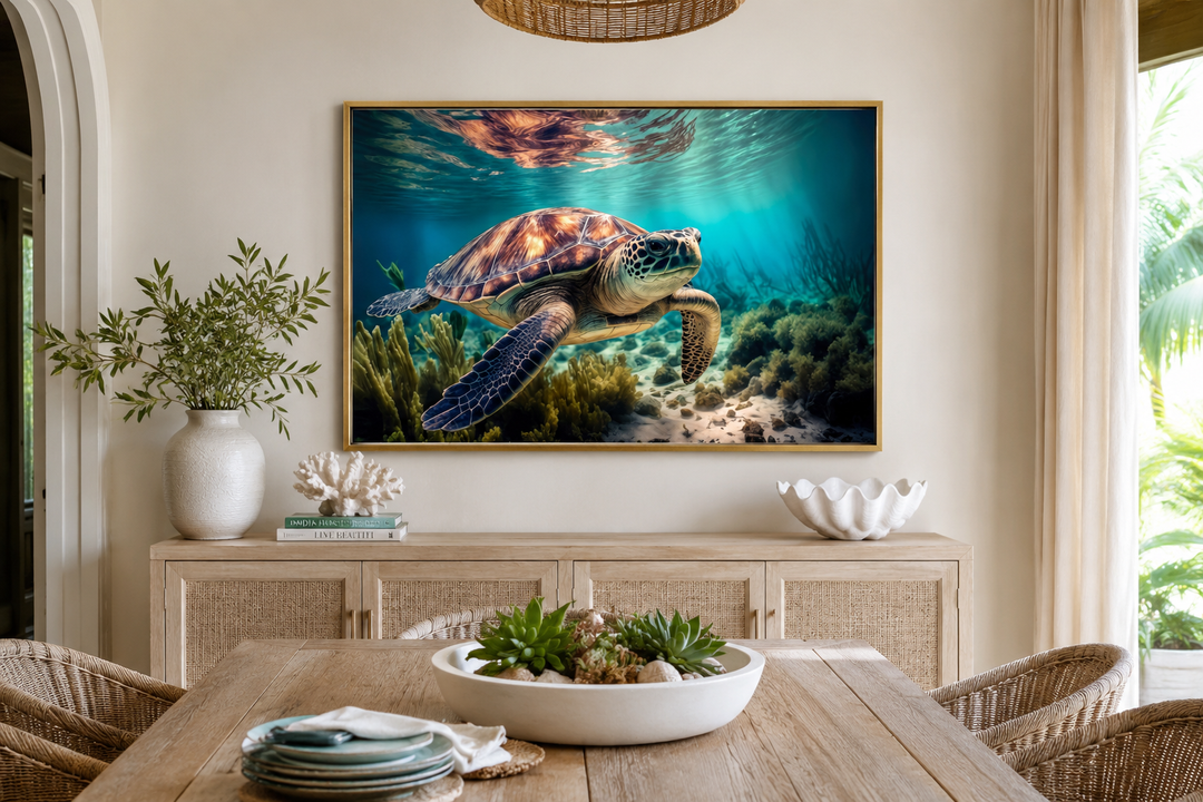 Sea turtle swimming over a coral reef in a gold-framed canvas wall art above a wooden sideboard.
