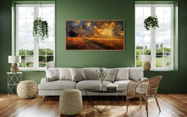 Old Red Barn In Autumn Sunset Framed Farmhouse Canvas Wall Art in green room