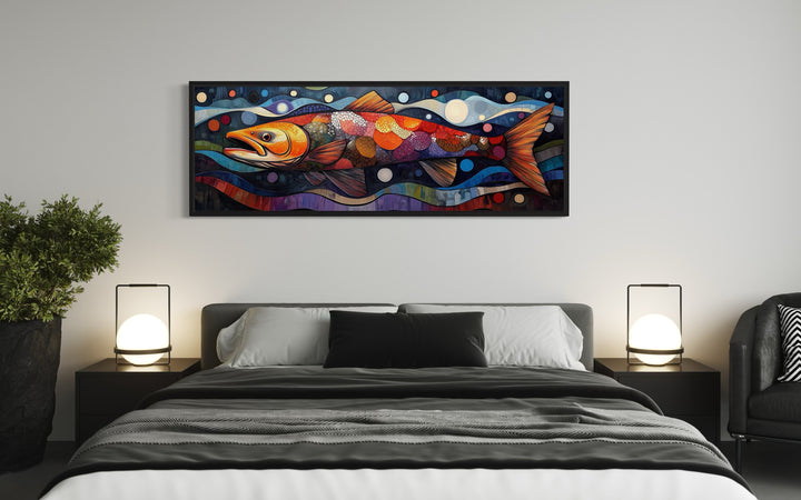 Colorful Salmon Long Horizontal Framed Canvas Wall Art in a bed room with a neatly made bed