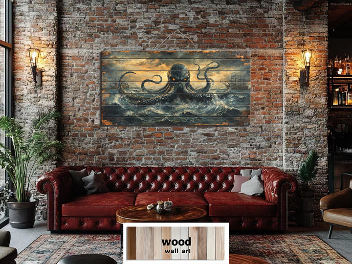 Kraken In Ocean Distressed Wood Wall Art