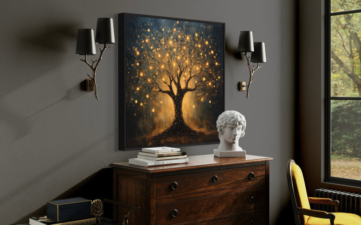 illuminated Black Gold Tree With Magical Lights Framed Canvas Wall Art in the library