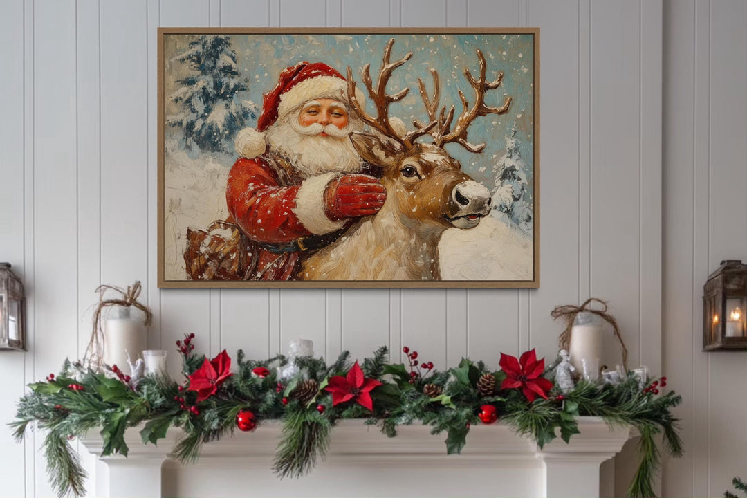 Santa Claus With Reindeer Christmas Canvas Wall Art