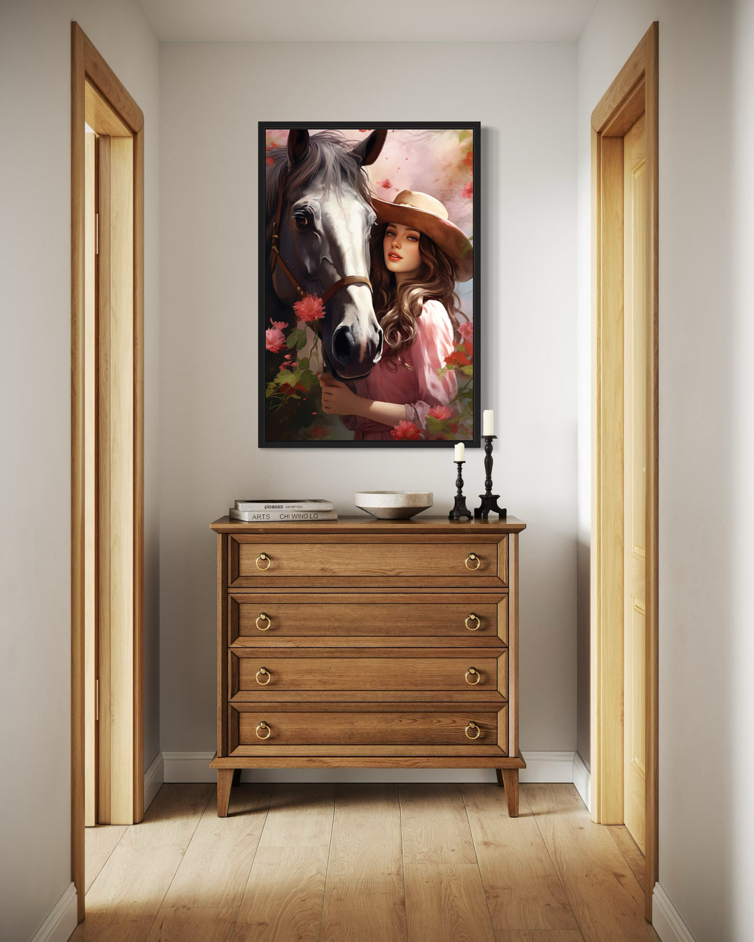 Western Cowgirl and Horse Floral Portrait Canvas Wall Art in the hallway