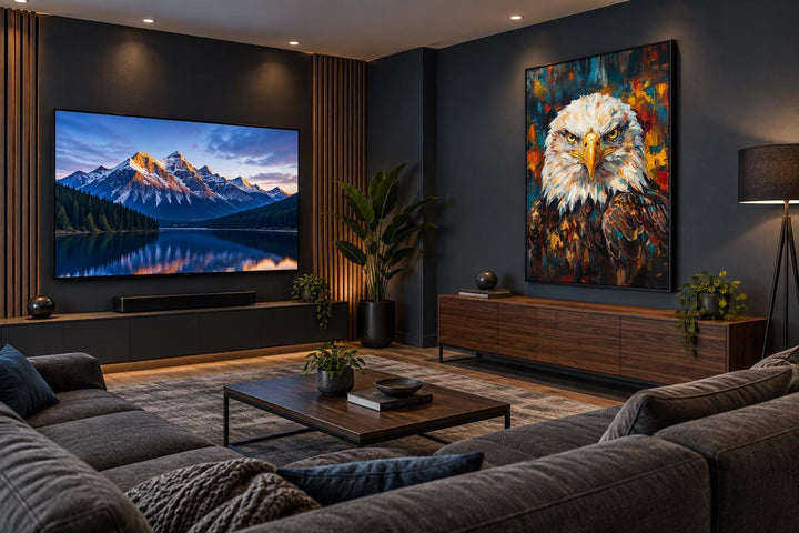 Bald eagle portrait canvas wall art with colorful abstract brushstrokes in a modern living room.