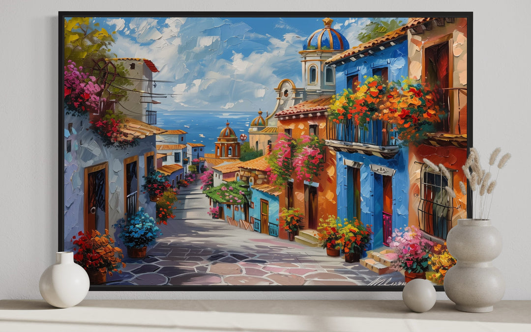 Colorful Mexican Village Street Framed Canvas Wall Art close up