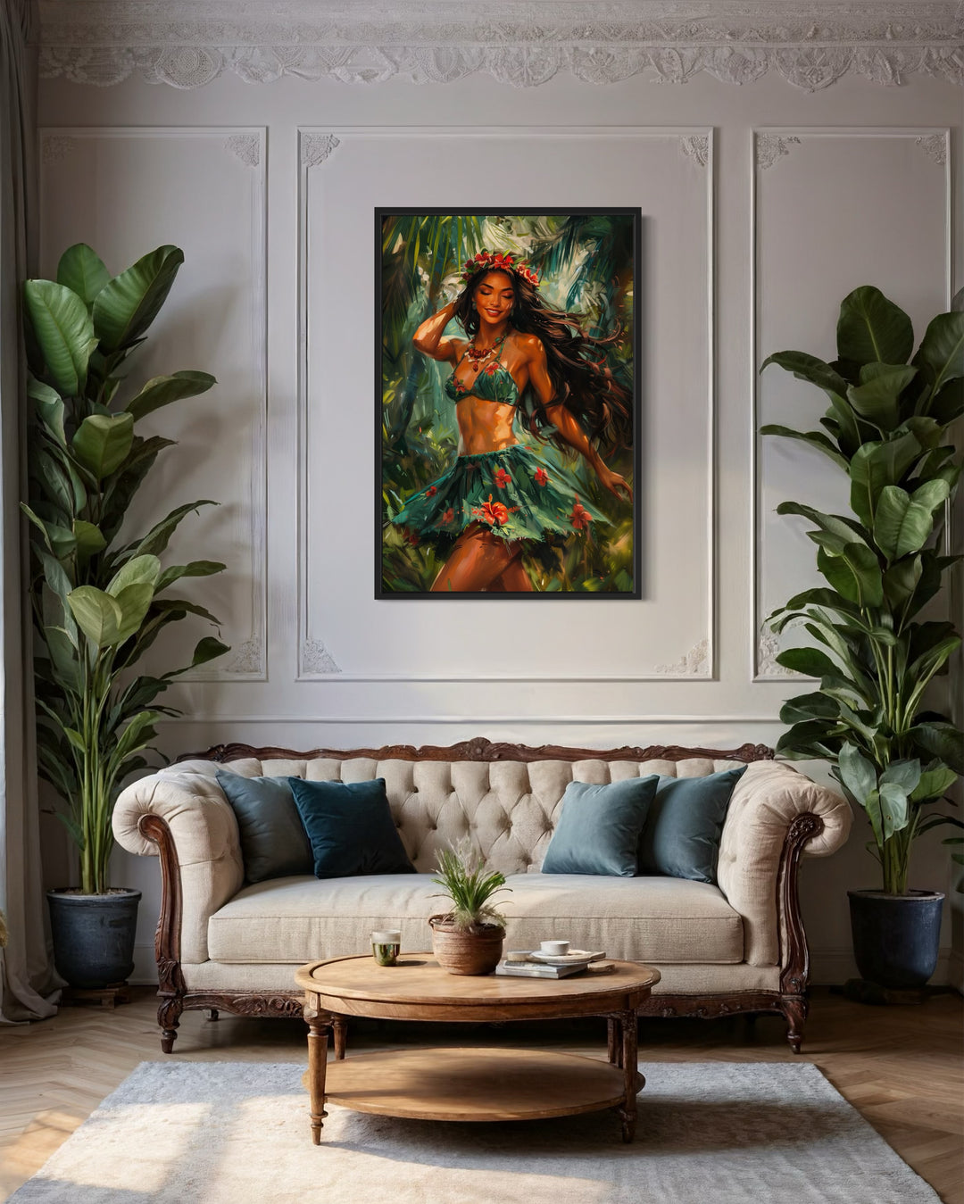 Hula Girl Dancing Traditional Hula Dance Hawaii Canvas Wall Art above couch