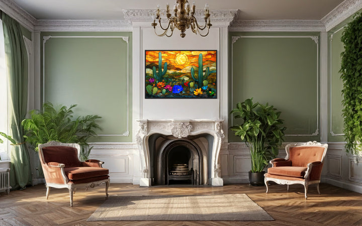 Colorful Desert And Cacti Stained Glass Style Framed Canvas Wall Art above fireplace