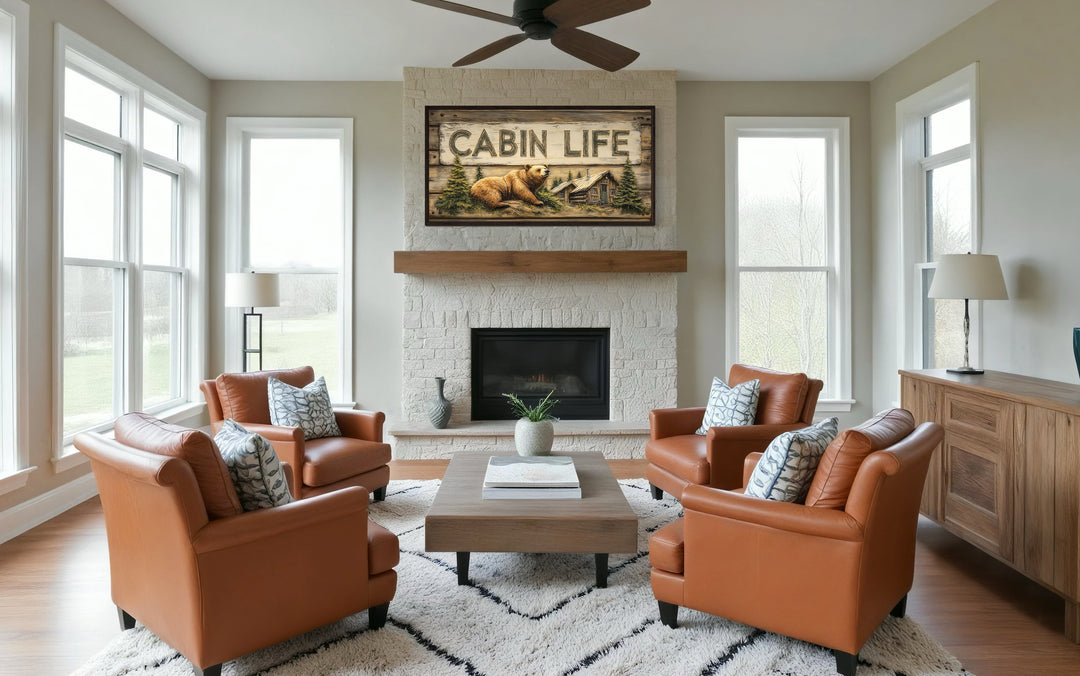 Cabin Life Sign With Log House And Bear Framed Canvas Wall Art above mantel