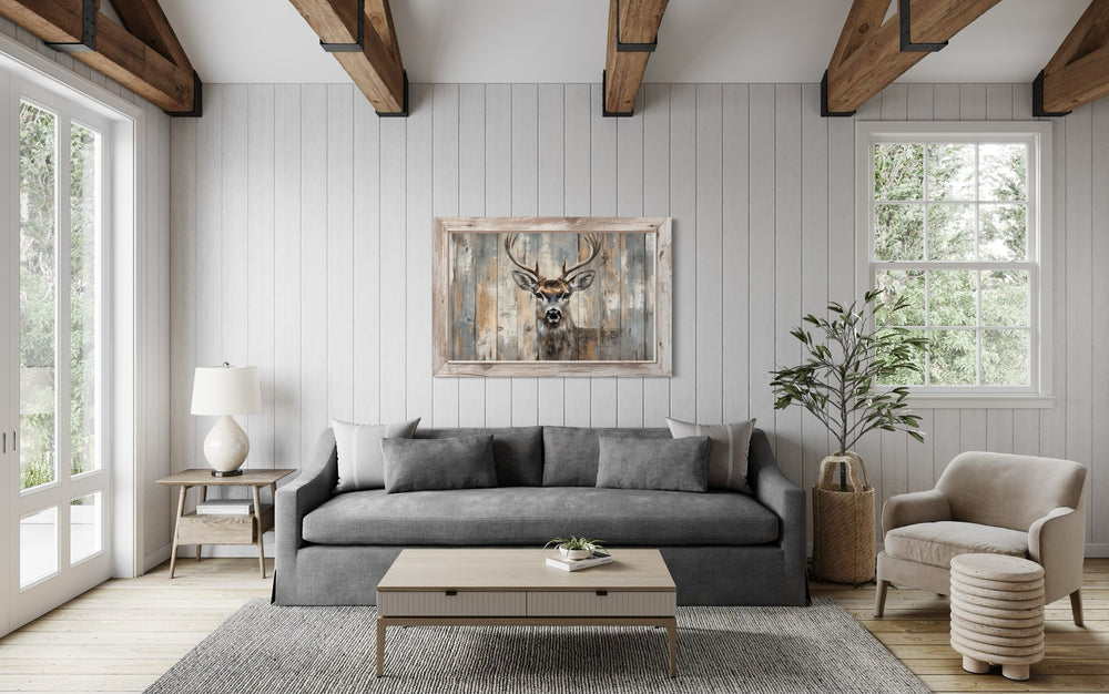 Deer Painting In Fake Rustic Barnwood Frame Canvas Wall Art in living room